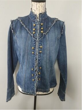 Women's Vintage Star Jeans Denim Jacket Large Blue Gold Button Up Raw Edge Lg